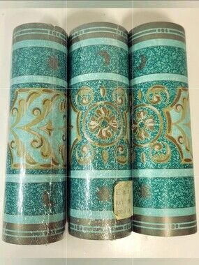 Wallpaper BORDER 3 Rolls Teal Green and Gold Scroll Medallion Moon Sun 5 Yds Vtg